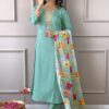 Floral Yoke Design Round Neck Sequinned Straight Kurta with Trousers & With Dupatta - Image 8