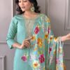 Floral Yoke Design Round Neck Sequinned Straight Kurta with Trousers & With Dupatta - Image 6