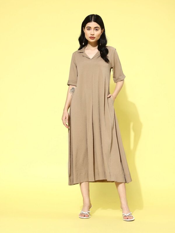 Beige Crepe Textured Shirt Collar Flared Midi Dress - Image 4