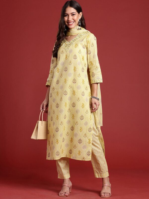 Printed Sequinned Pure Cotton Kurta with Trousers & With Dupatta - Image 2