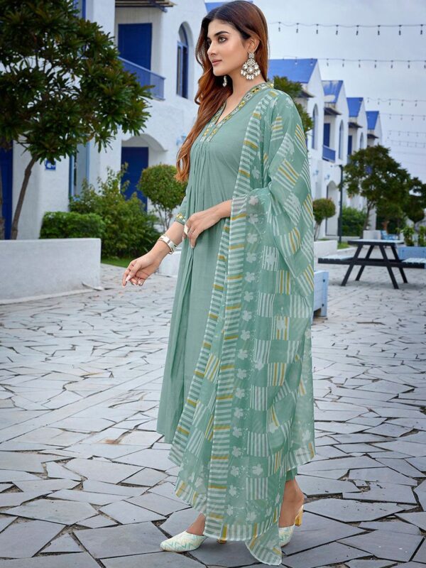 Geometric Yoke Design Mirror Work A-Line Kurta With Trouser & Dupatta - Image 5